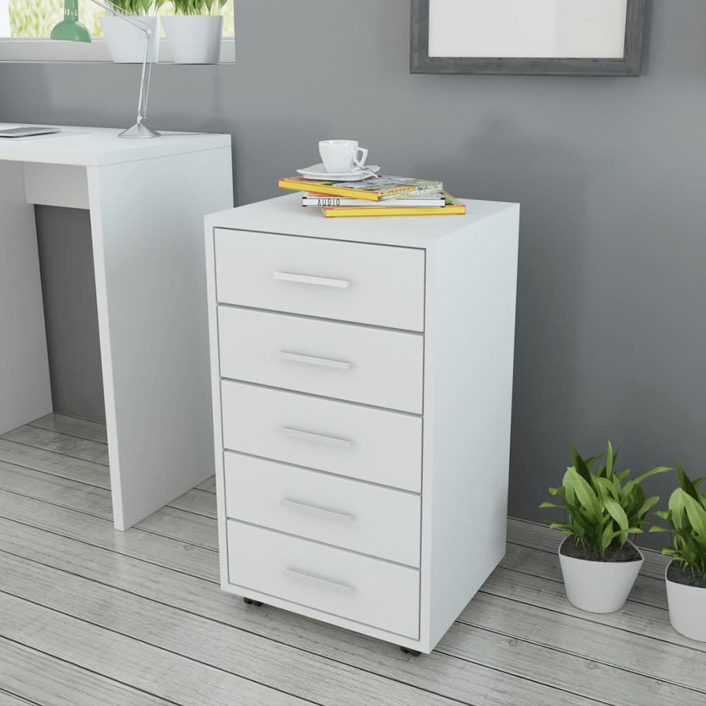 vidaXL Офис шкаф с колелца, 5 чекмеджета, бял