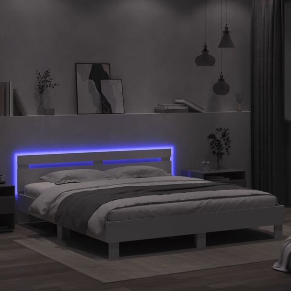 vidaXL Рамка за легло с табла и LED, бяла, 180x200 см