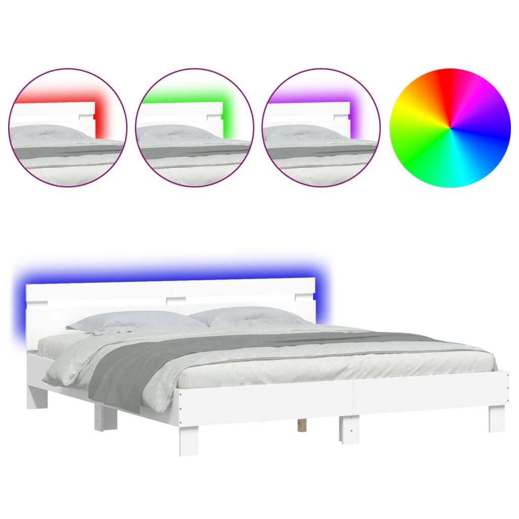 vidaXL Рамка за легло с табла и LED, бяла, 180x200 см
