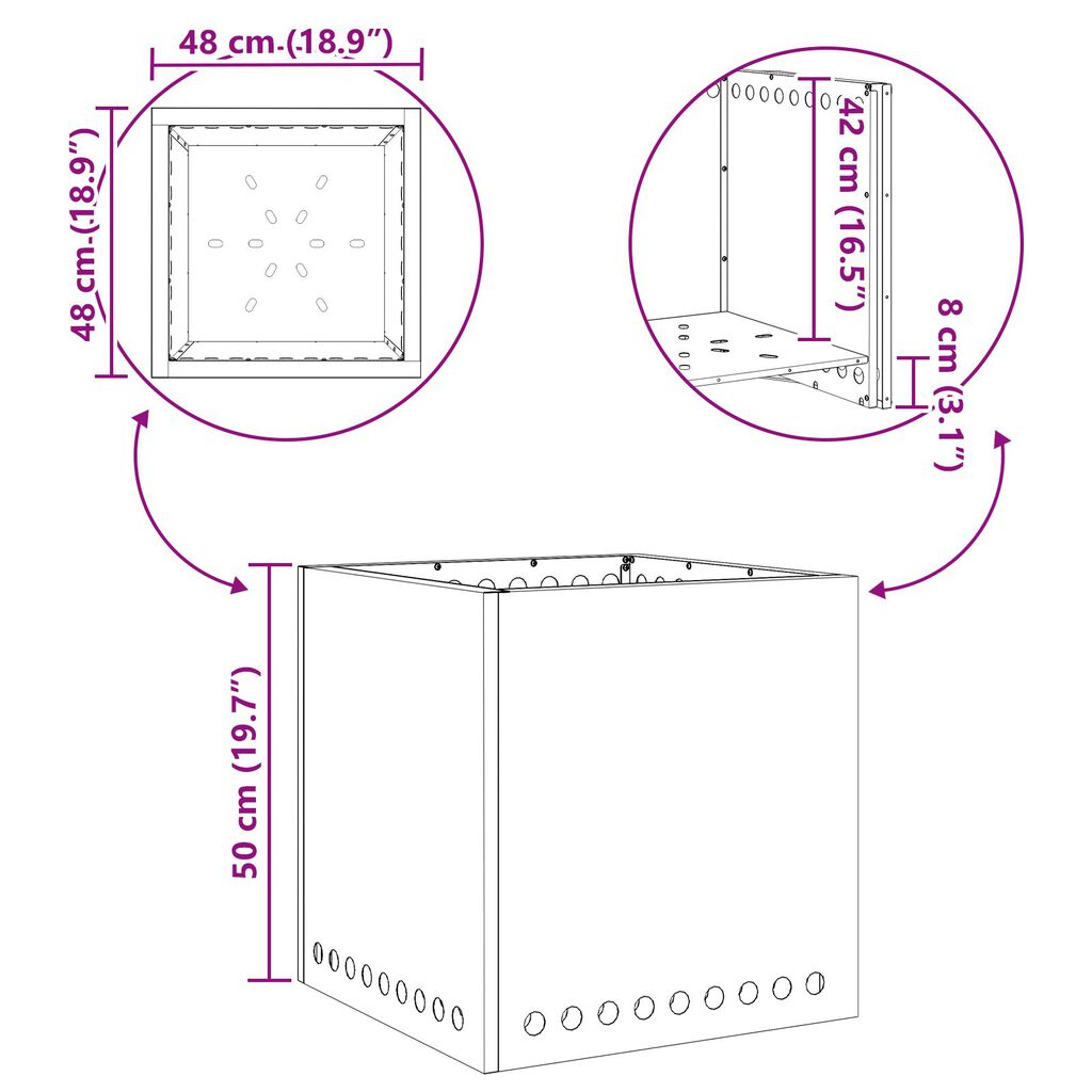 vidaXL Бездимна огнище Квадратна 48x48x50 см Облагана стомана